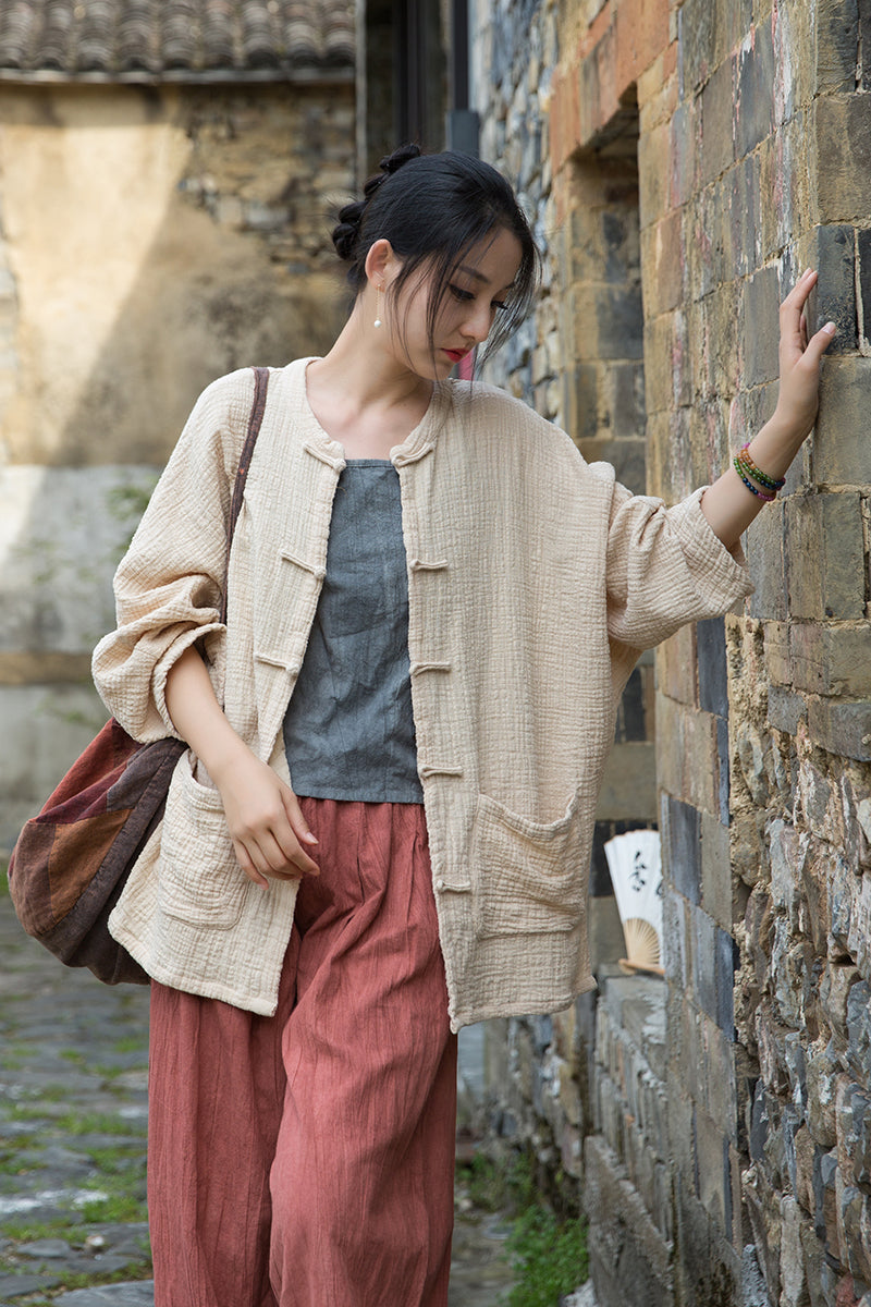 Summer Chinese loose cardigan, cotton linen washed frog long shirt 20250604