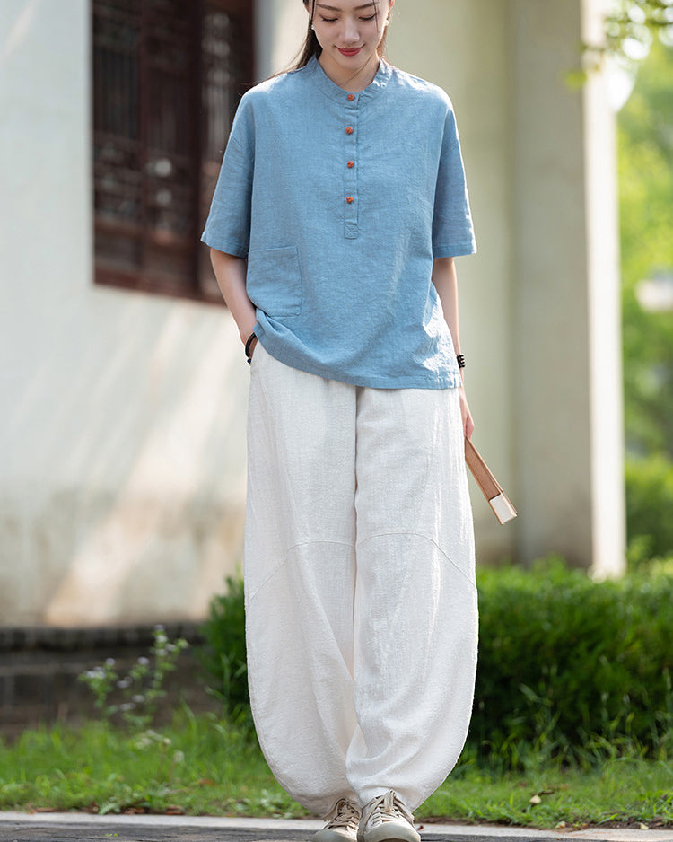 Original cotton  linen women's clothing, summer Chinese retro women's sandwashed cotton T-shirt 20240728