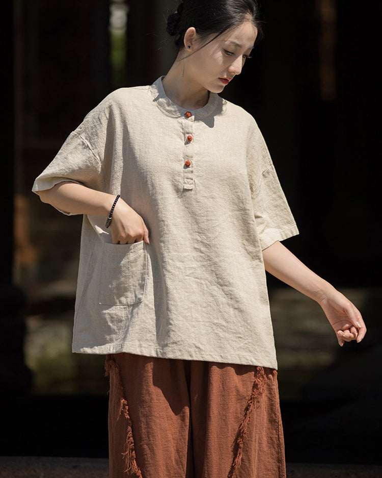 Summer Cotton Chinese t-shirt,cotton linen Washed Plate Button Women's Short Sleeve T-Shirt 20240714