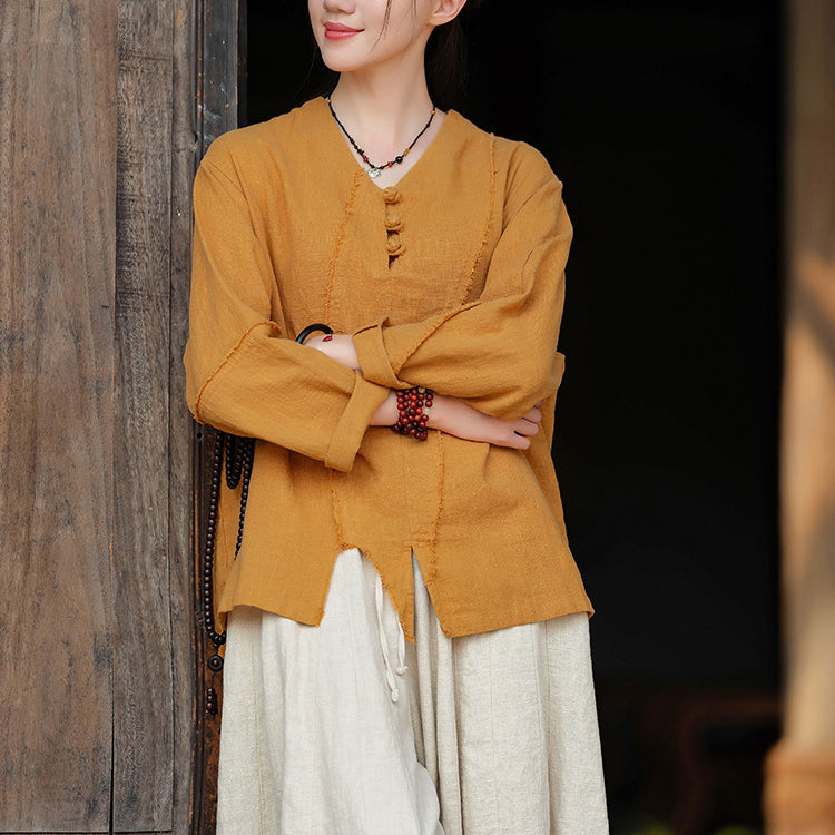 Woman Vintage Chinese Long Sleeve Cotton Linen Shirt with Embroidery V-Neck Loose Top 20240920