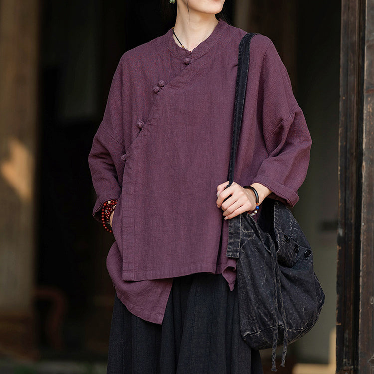 Women's Vintage Chinese Frog Button Long Sleeve Cotton Linen Shirt, Embroidery Standing Collar Splicing Irregular Loose Blouse 20240920