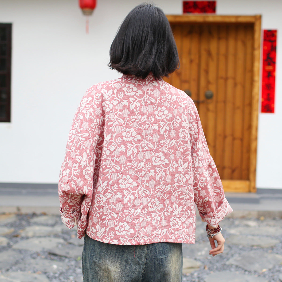 Vintage Chinese Standing Collar Loose Frog Button Shirt,  Printed  flower Cotton  Linen Jacket 20250408