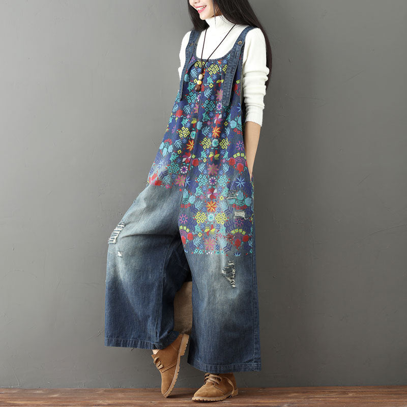 Printed floral stonewashed cotton overalls, women's denim washed overalls