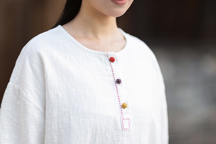 Round-Neck Chinese-Style Blouse: New Summer Style, Retro-Chic, Stitched Color-Blocking, Button-Front Short-Sleeve T-Shirt 20260511