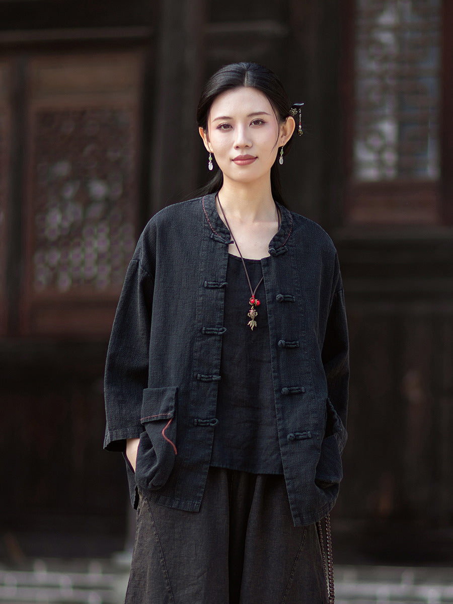 Summer New Arrival: Original Linen Hand-Knotted Button-Down Shirt with Large Pockets for Women – Vintage Distressed Jacket 20260511