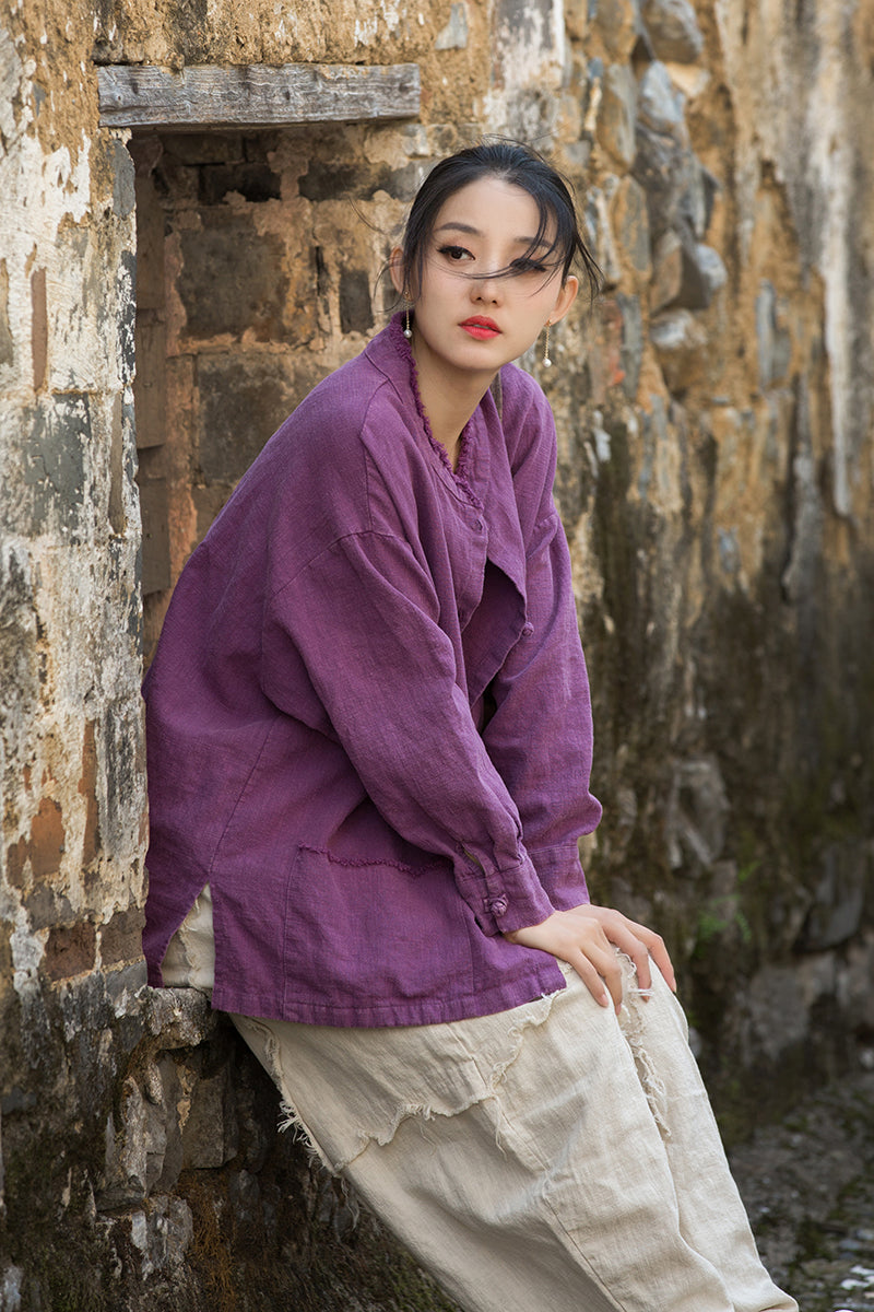 Vintage summer Chinese long sleeve shirt, cotton and linen washed and brushed frog button shirt 20250604