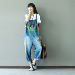 Hand-painted cotton overalls, women's denim overalls, stonewashed loose overalls