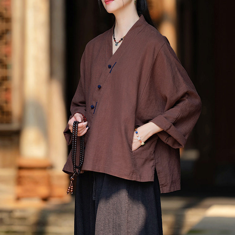 Women's Vintage Chinese Long Sleeve Cotton Linen Shirt with Embroidery V-Neck Loose Kimono 20240920