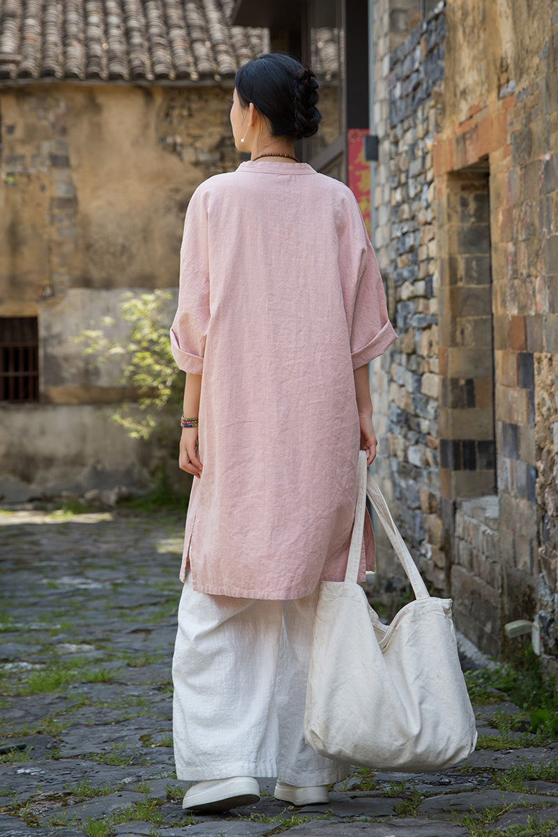 Women's summer Chinese loose frog button cheongsam, retro cotton  linen casual long shirt20250604