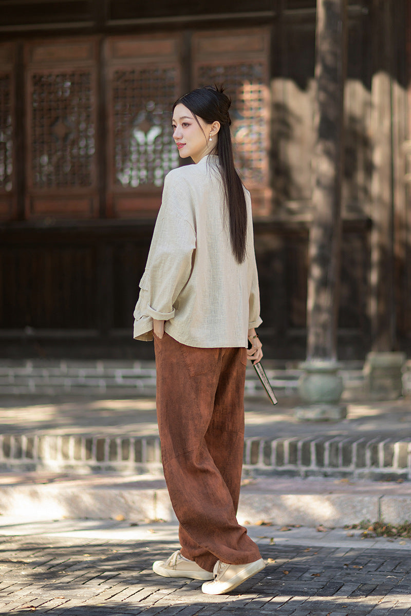 2026 Spring New Arrival: Vintage-inspired, distressed, sand-washed asymmetrical cardigan; niche-style patchwork V-neck cotton-linen jacket with button closures