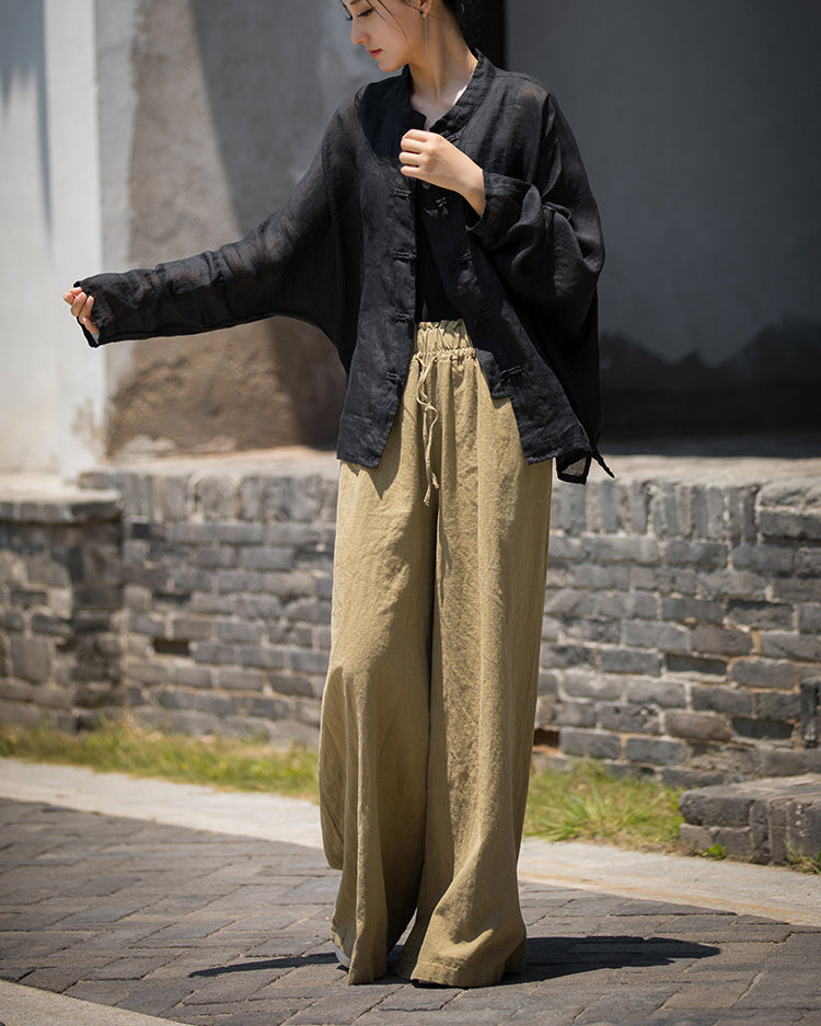 Summer Ramie Chinese Standing Collar Shirt,Sand Washed Frog Button Women's Long Sleeve Shirt 20240714