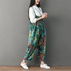 Printed floral cotton overalls, women's denim overalls, stonewashed loose overalls