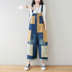 Patchwork cotton overalls, women's printed denim overalls, stonewashed loose overalls