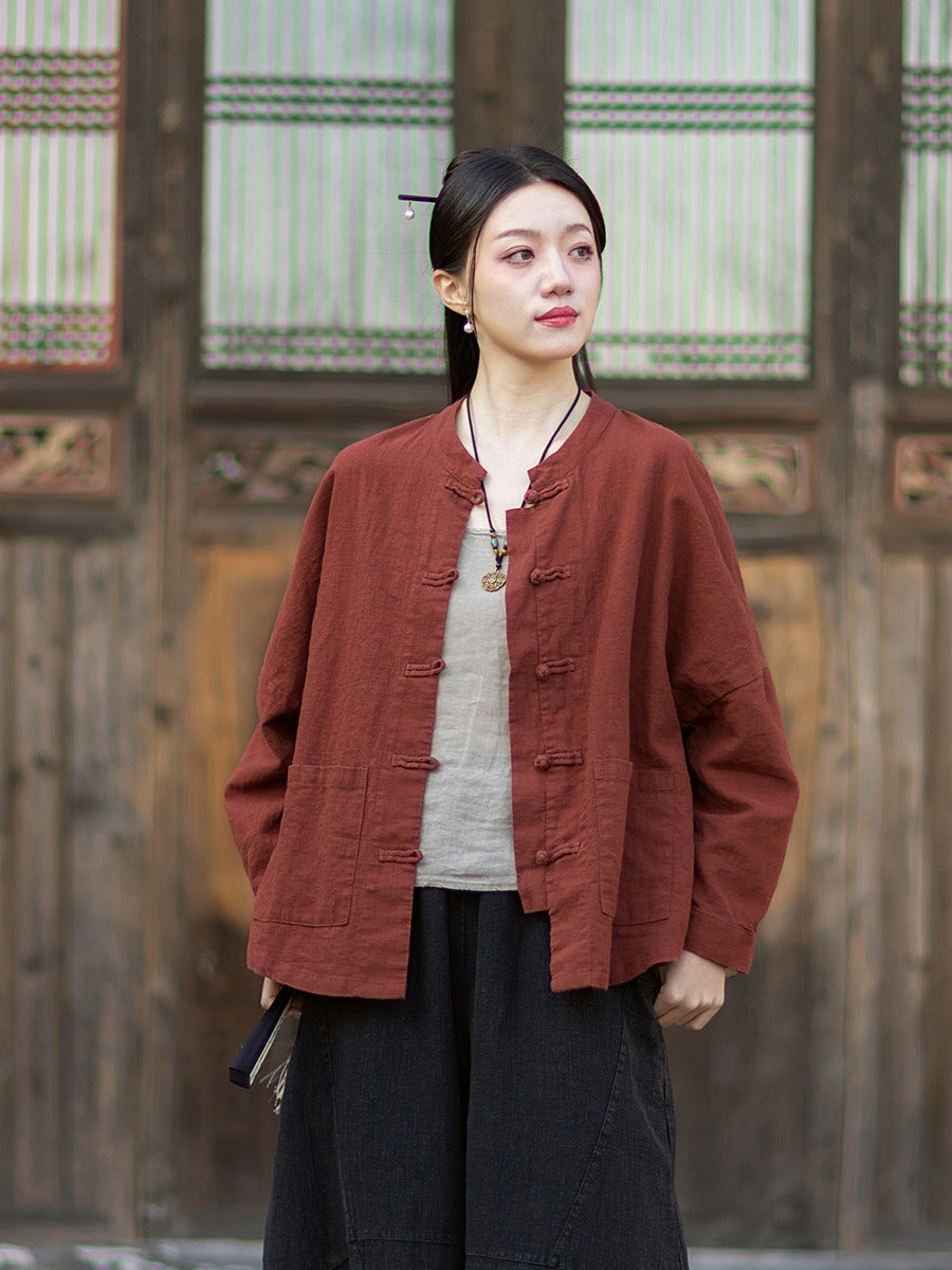 2026 New Arrival: Women's Long-Sleeve Cotton-Linen Blouse, Loose-Fit Chinese-Style Stand-Up Collar with Button-Down Front