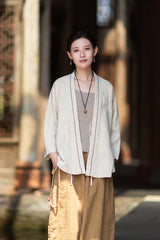 New Cotton-Linen Women's Vintage Zen-Inspired Ramie Tapered-Sleeve Tie-Front Cardigan, Loose-Fit Chinese-Style Jacket 20260511