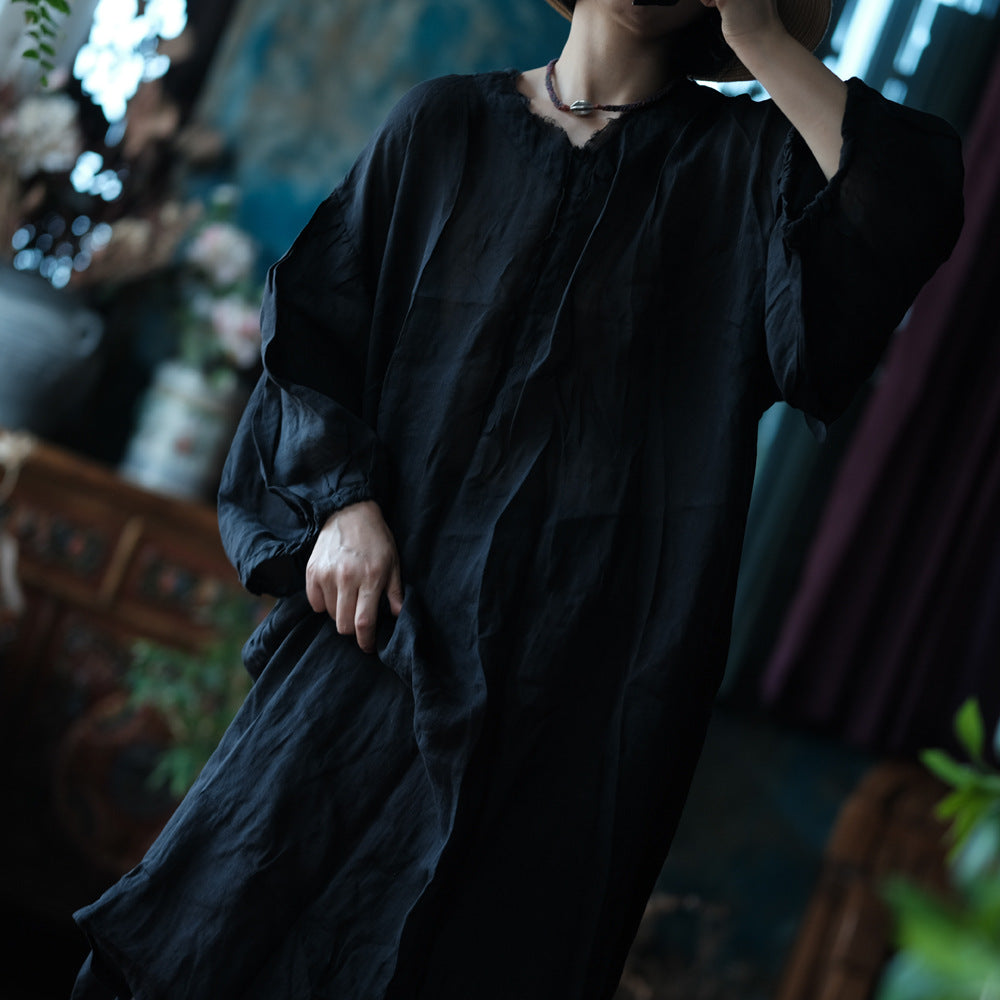 High Quality Personalized Black Pure Ramie Loose Lantern Sleeve Dress 240621