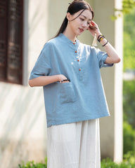 Original cotton  linen women's clothing, summer Chinese retro women's sandwashed cotton T-shirt 20240728
