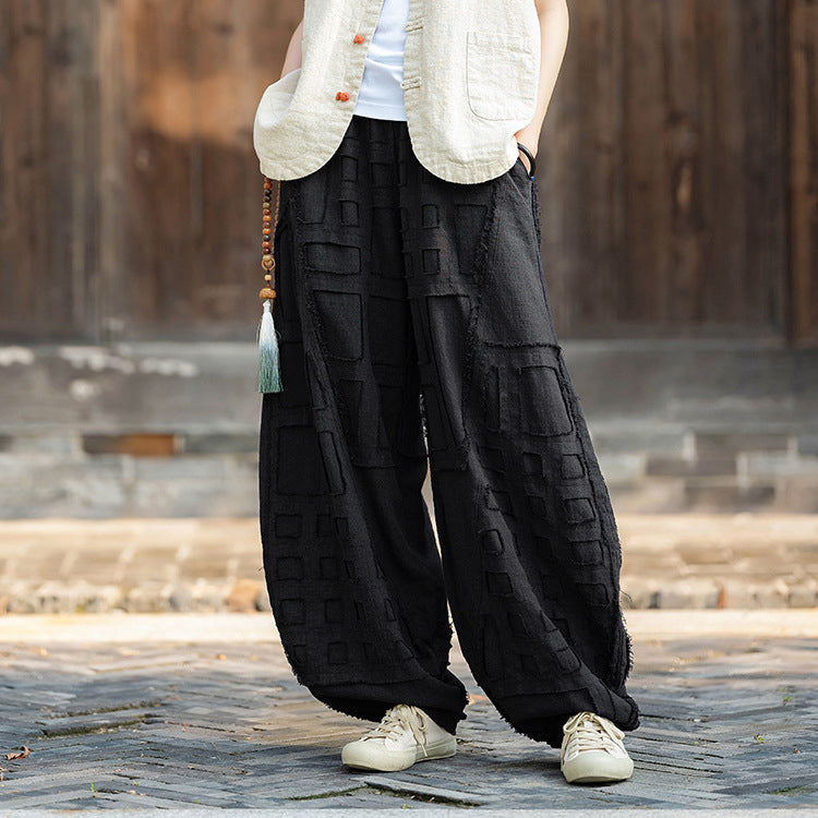 Original personality patchwork natural burlap linen lantern pants personality female wide-legged pants (fall and winter) 20240920