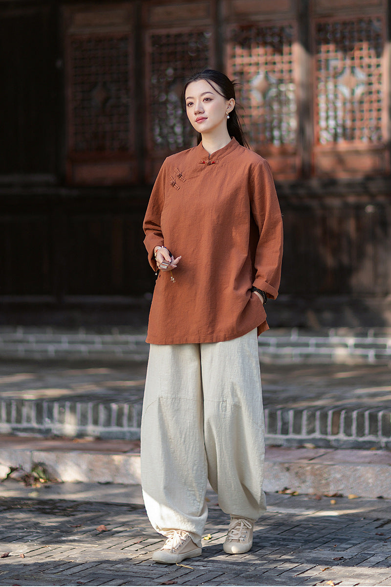 2026 Spring New Arrival: Retro Cotton-Linen Chinese-Style Stand-Collar, Color-Blocked, Button-Fastened, Wrap-Front Blouse for Women – Zen Tea Attire