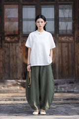 Women's Cotton-Linen Retro Zen-Inspired Stand-Collar Shirt with Stitched Buttonholes and Asymmetrical Hem 20260511