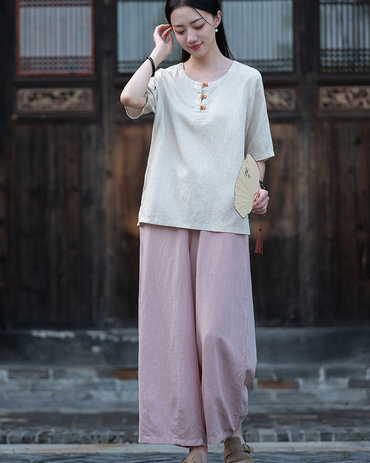 Frog Button Cotton  Linen Shirt, Summer Chinese Vintage Women Sandwashed Cotton  Linen T-shirt 20240728