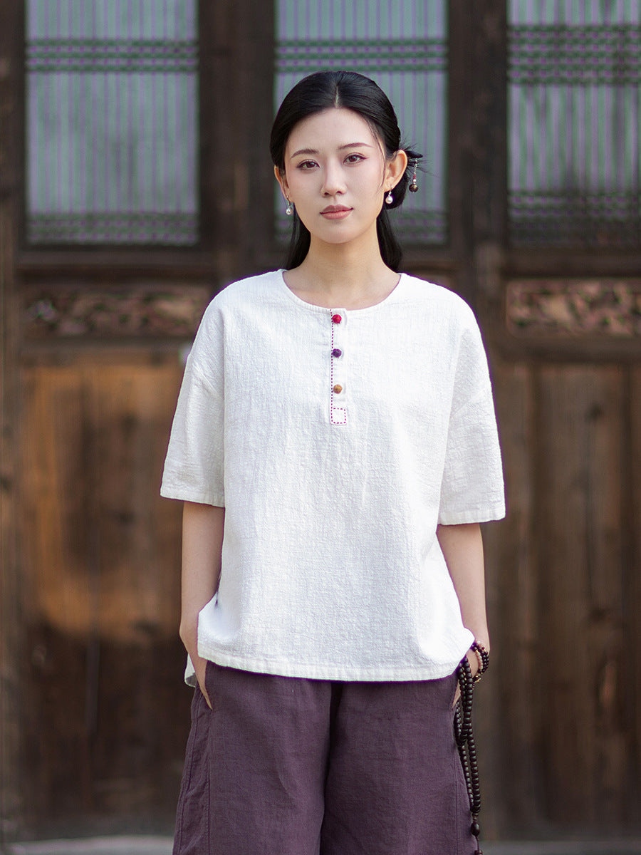Round-Neck Chinese-Style Blouse: New Summer Style, Retro-Chic, Stitched Color-Blocking, Button-Front Short-Sleeve T-Shirt 20260511