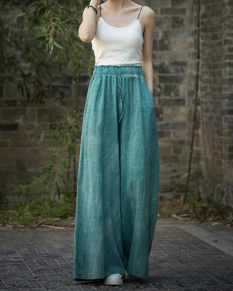Ramie Handmade Tie-Dye Tied Mid-Waist Wide-Leg Pants, Vintage Elastic Waist Casual Trousers 20240722