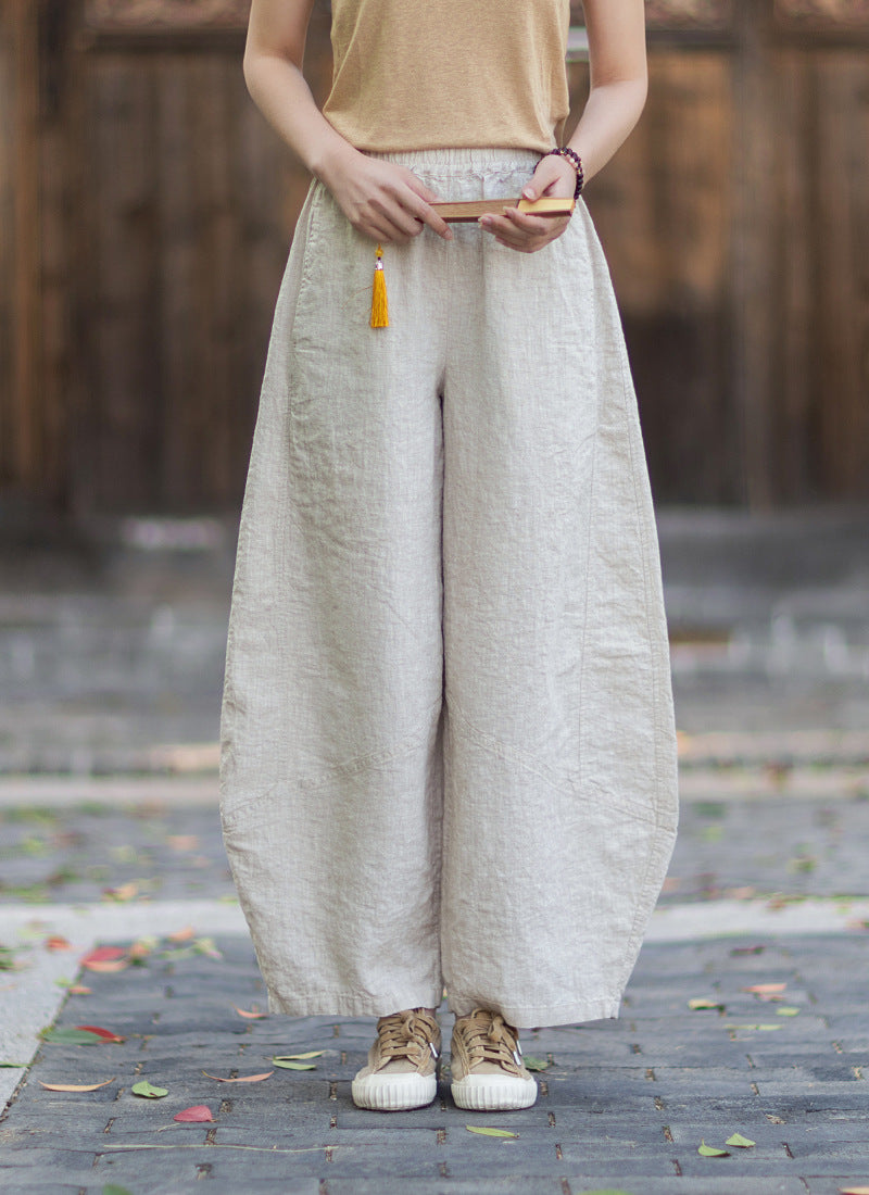 New Summer Arrival: Women's Artistic-Style Lightweight Linen Casual Pants with Elastic Waistband, Sandwashed, Distressed, Patchwork, and Cropped Bell-Bottom Design 20260511