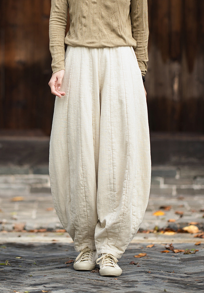 2026 Original New Arrival: Winter Ramie-Cotton Sandwashed Distressed Patchwork Pumpkin-Colored Women's Harem Pants