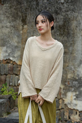 Vintage Summer Chinese Boat Collar Long Sleeve Shirt, Cotton  Linen Washed Frog Long T-Shirt 20250604