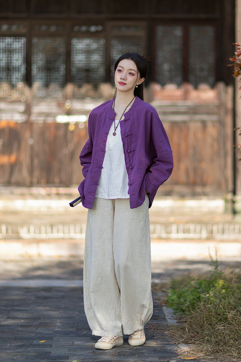 2026 New Arrival: Women's Long-Sleeve Cotton-Linen Blouse, Loose-Fit Chinese-Style Stand-Up Collar with Button-Down Front