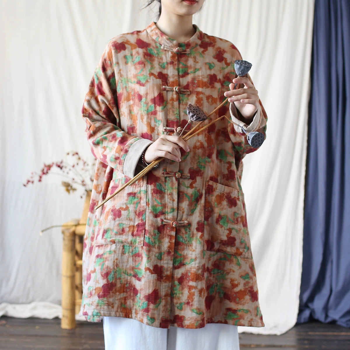 Vintage Chinese Standing Collar Loose Frog Button Shirt, Oversize Printed Cotton  Linen Jacket 20250408