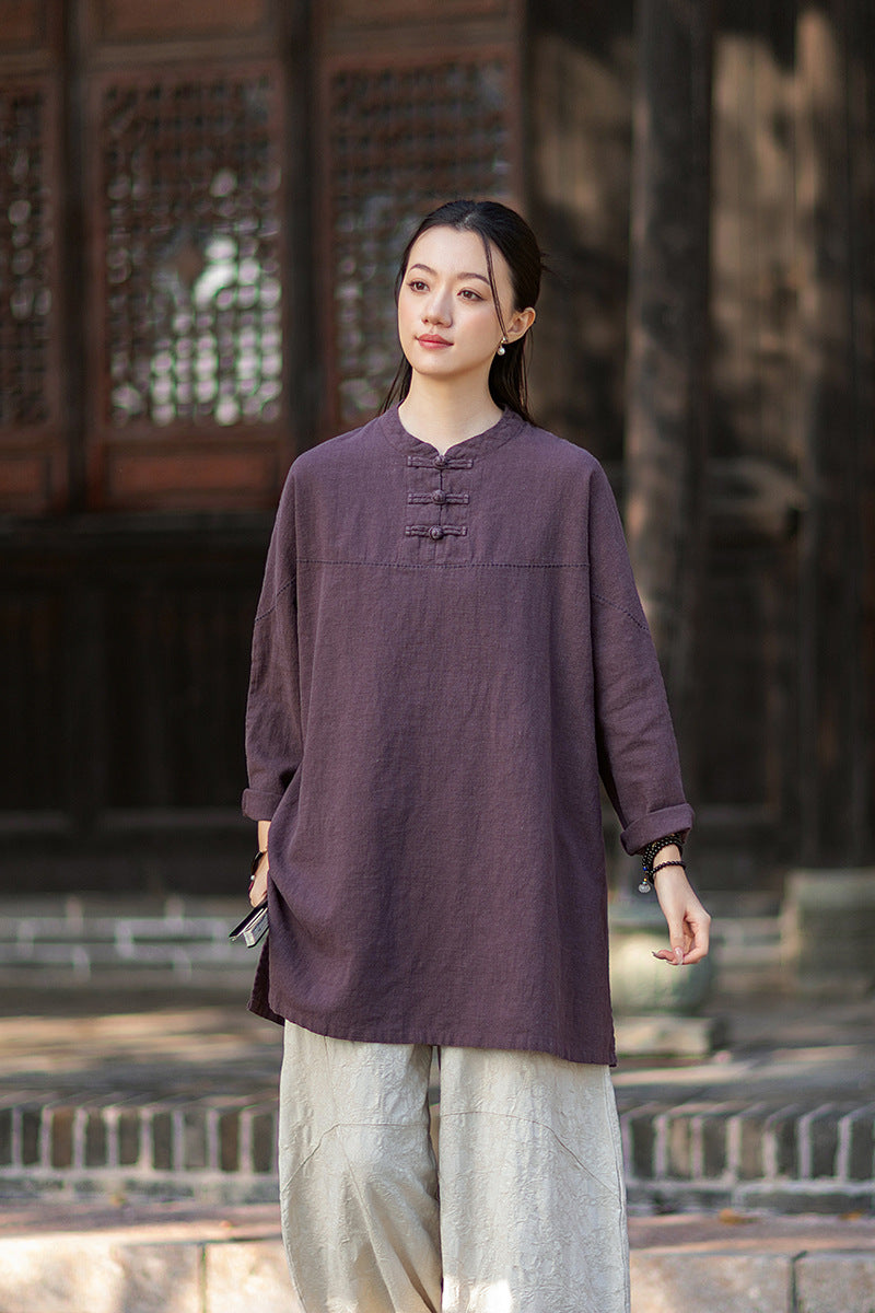 2026 Spring Retro Mandarin Collar Button-Down Cotton-Linen Blouse for Women: Chinese-Style Zen-Inspired Tea Ceremony Pullover, Ramie Stand-Up Collar Long-Sleeve Shirt