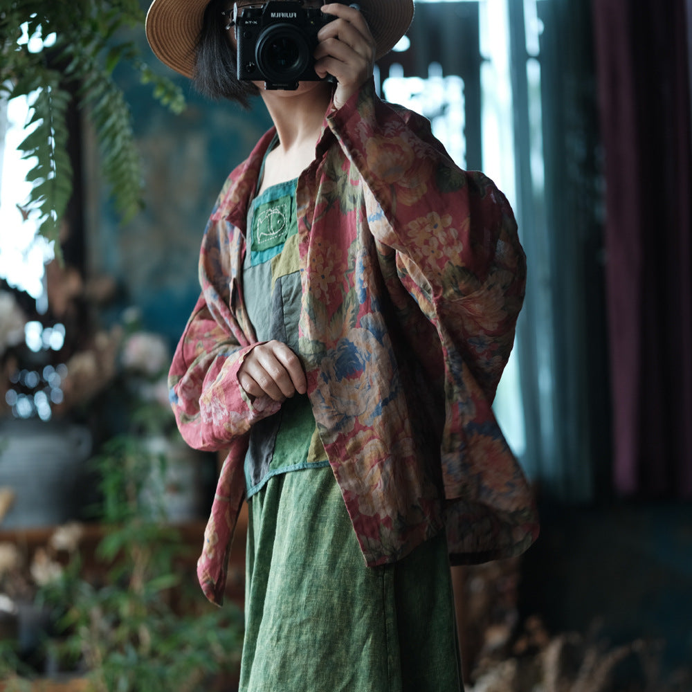 Vintage Digital Printed Pure Ramie Shirt, Summer Loose Casual Shirt 240621