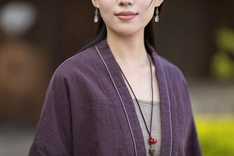 New Cotton-Linen Women's Vintage Zen-Inspired Ramie Tapered-Sleeve Tie-Front Cardigan, Loose-Fit Chinese-Style Jacket 20260511