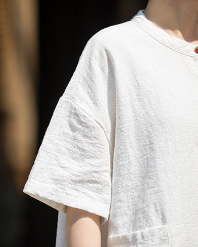 Summer Cotton Chinese t-shirt,cotton linen Washed Plate Button Women's Short Sleeve T-Shirt 20240714