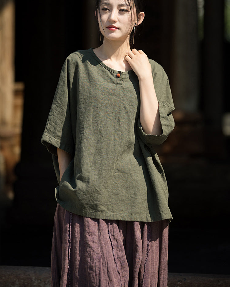 Summer Cotton Chinese t-shirt,Ramie Sand Washed Plate Button Women's Short Sleeve T-Shirt 20240714