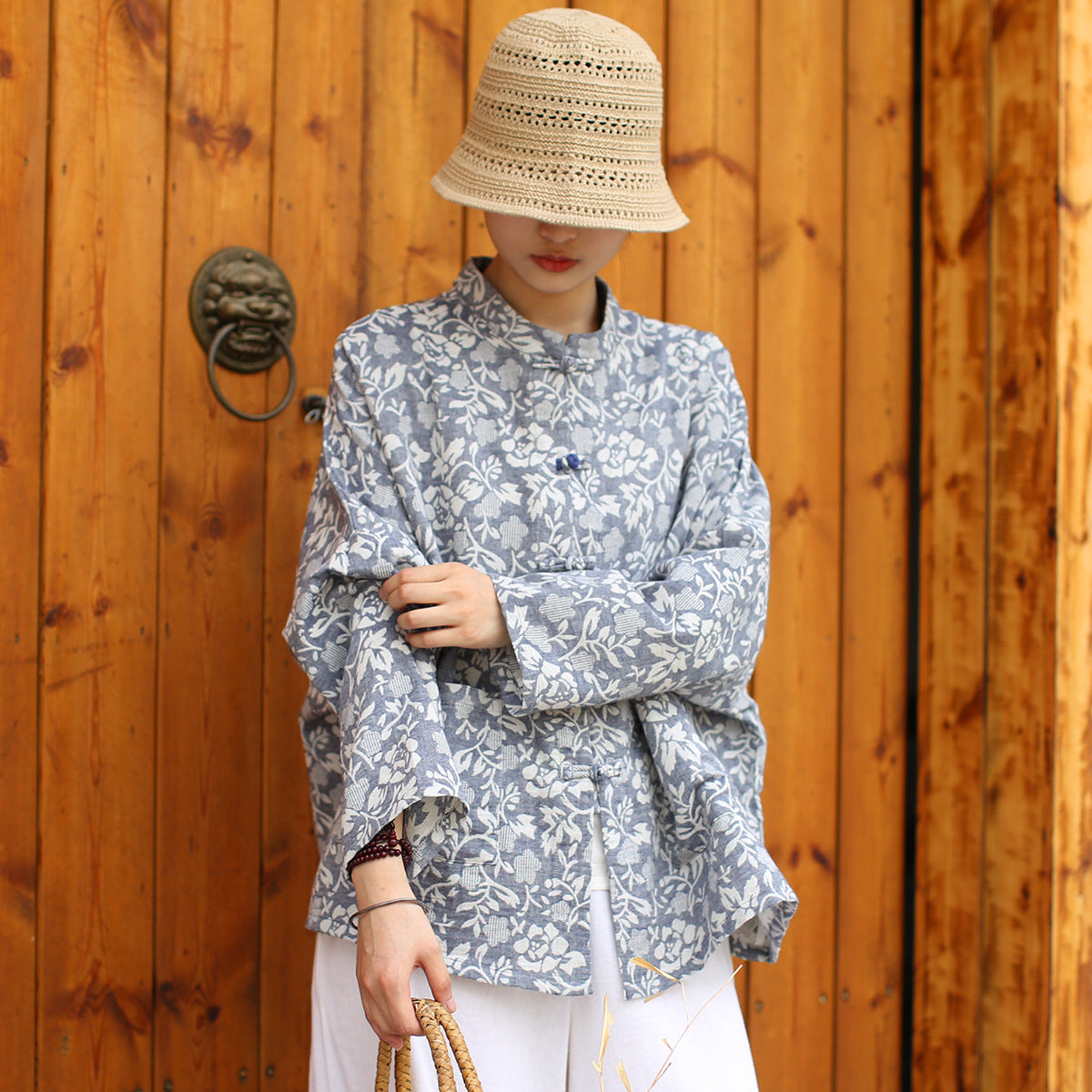 Vintage Chinese Standing Collar Loose Frog Button Shirt,  Printed  flower Cotton  Linen Jacket 20250408