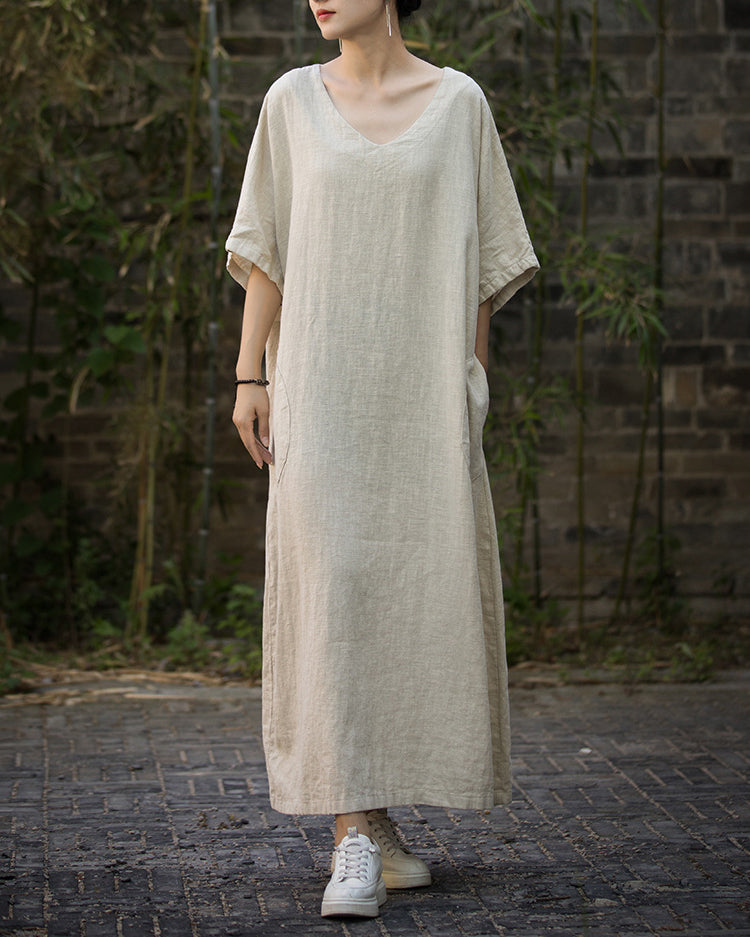 Women loose cotton linen dress plus, V-Neck Handmade Tie-Dye Dress,Loose Cotton Linen Dress 20240714