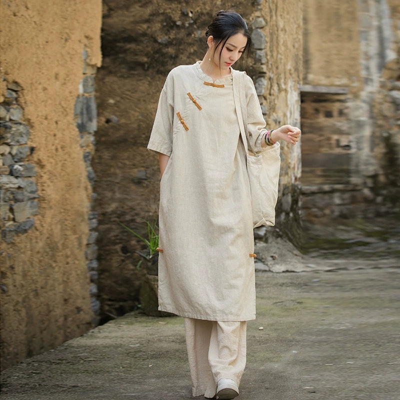 Women Summer  Cotton  Linen dress, Vintage Chinese  Dresses 20250417