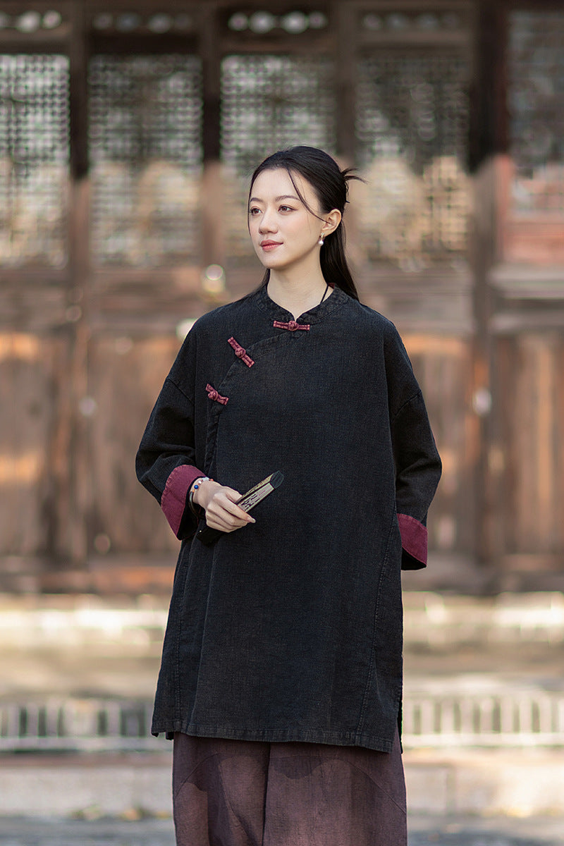 2026 Spring New Arrival: Retro Cotton-Linen Chinese-Style Stand-Collar, Color-Blocked, Button-Fastened, Wrap-Front Blouse for Women – Zen Tea Attire