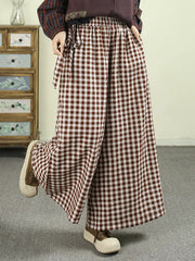 Loose-fitting cotton plaid wide-leg pants， Spring Vintage Plaid Wide-leg Pants