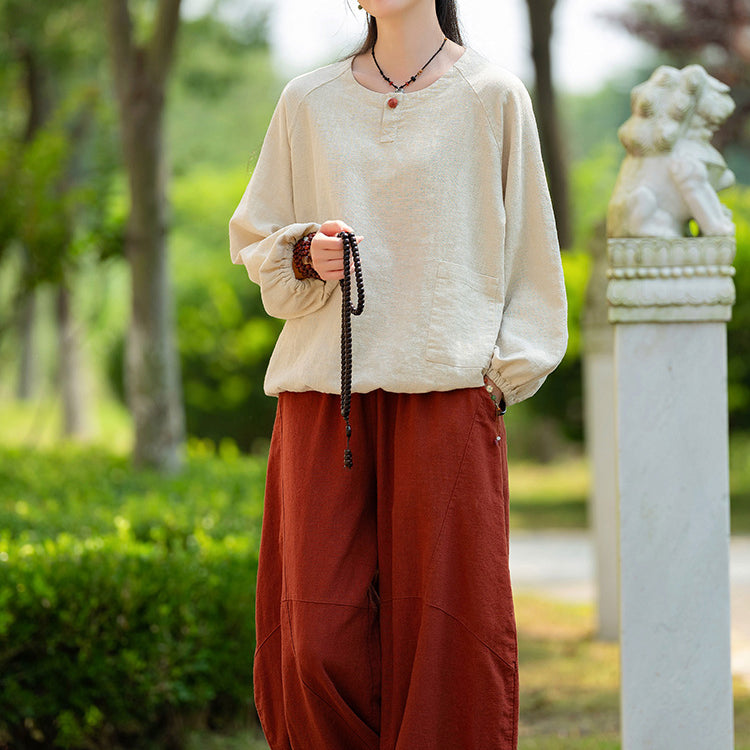 Loose long-sleeved cotton  linen T-shirt, vintage round neck cotton  linen  button top shirt 20240920