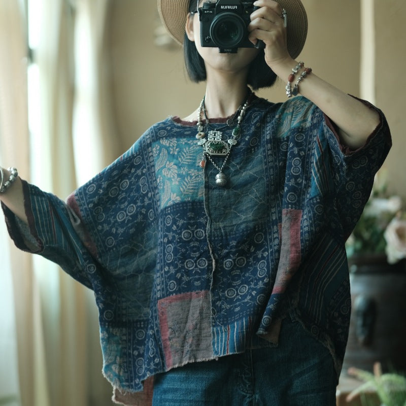 Vintage Literary Digital Printed Cotton Round Neck Raw Edge T-Shirt Top 240621