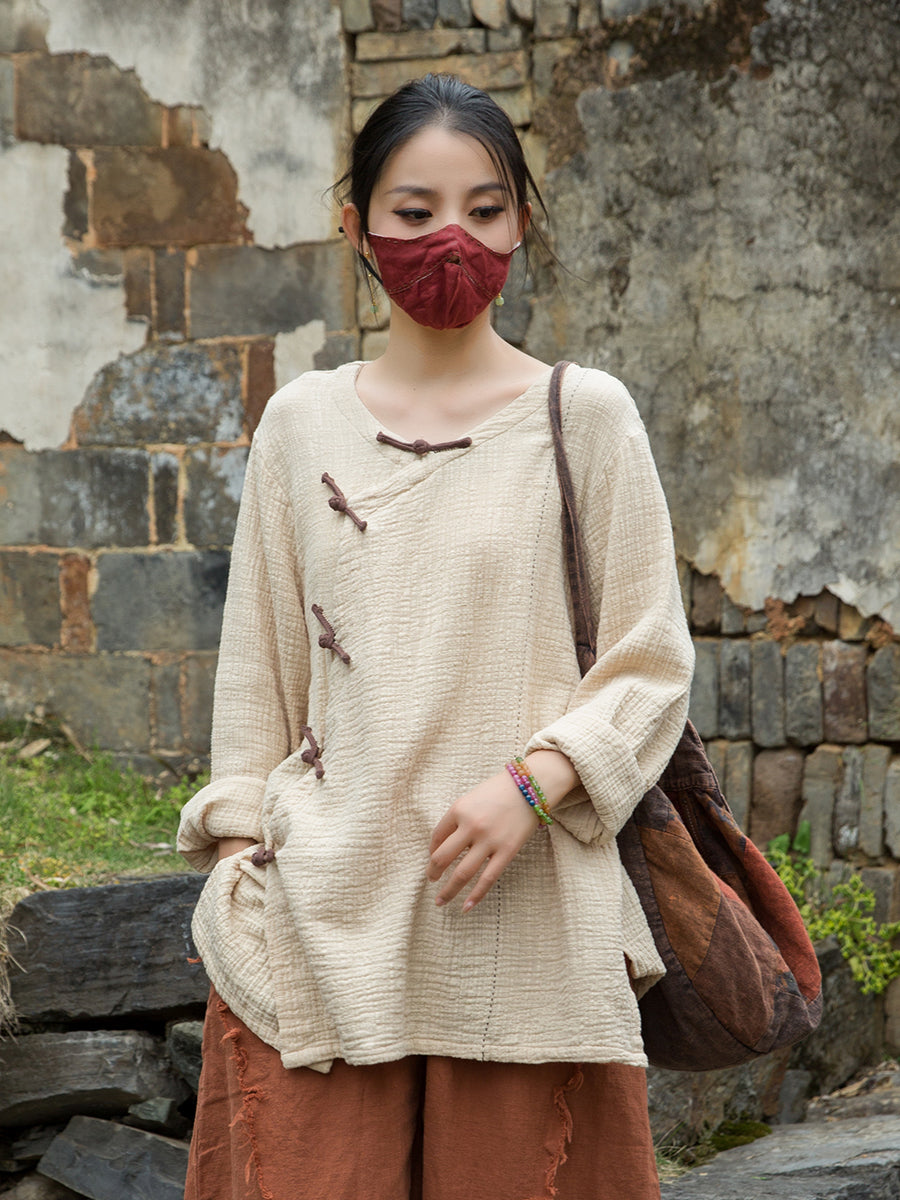 Vintage Summer Chinese Boat Collar Long Sleeve Shirt, Cotton  Linen Washed Frog Long T-Shirt 20250604