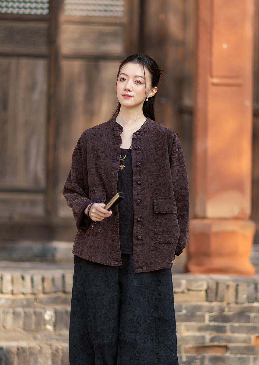 2026 Spring New Arrival: Boho-Retro Stand-Collar Distressed Double-Breasted Button-Down Cotton-Linen Blouse for Women