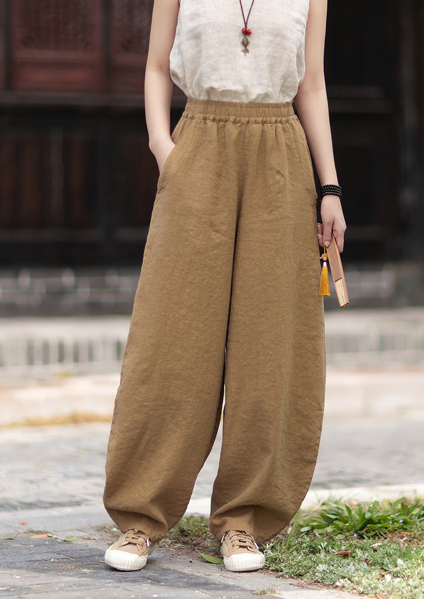 Summer Loose-Fit Zen-Inspired Boho Retro Elastic Waist Slimming Drapey Casual Pants Linen Bell-Bottom Pants 20260511
