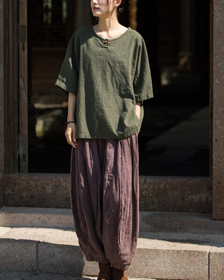 Summer Cotton Chinese t-shirt,Ramie Sand Washed Plate Button Women's Short Sleeve T-Shirt 20240714