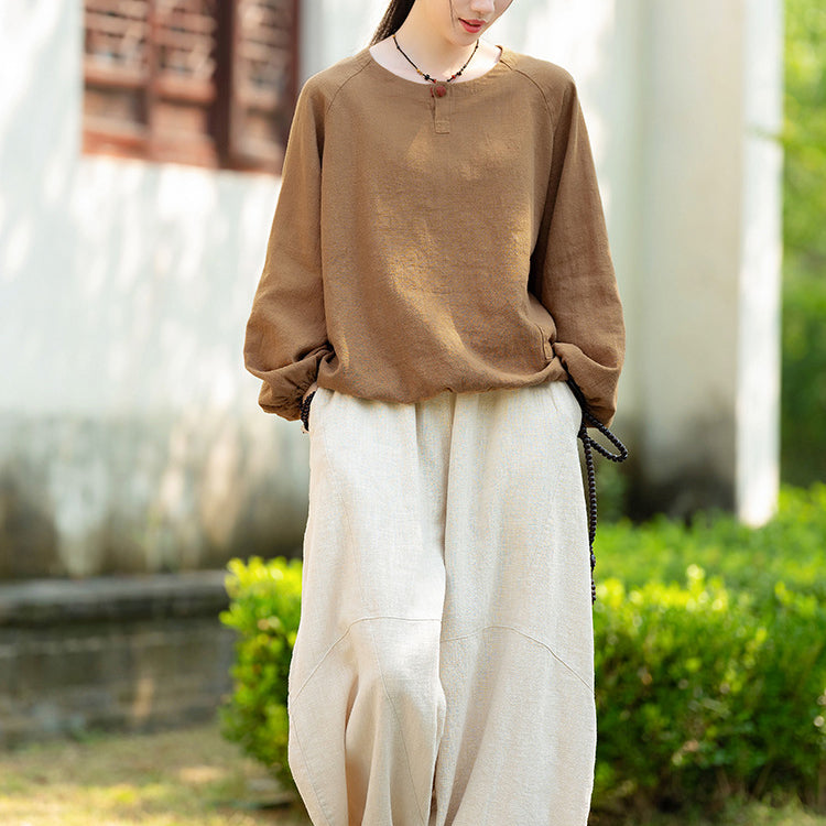 Loose long-sleeved cotton  linen T-shirt, vintage round neck cotton  linen  button top shirt 20240920