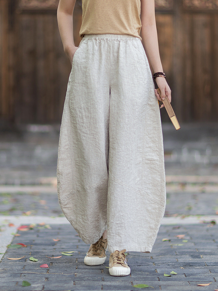 New Summer Arrival: Women's Artistic-Style Lightweight Linen Casual Pants with Elastic Waistband, Sandwashed, Distressed, Patchwork, and Cropped Bell-Bottom Design 20260511